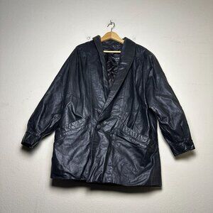 VTG Wilsons Leather Long Coat Jacket Men L Black Biker Baggy Long Outerwear